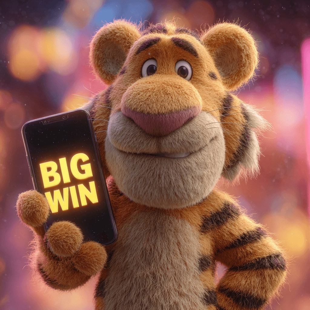 Tiger holding a smartphone with the Superbet71 casino app