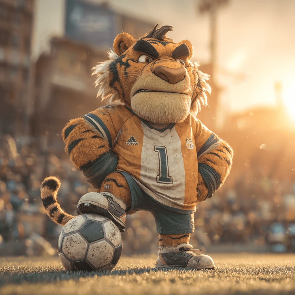 Determined Superbet71 tiger in a sports jersey standing on a football ready for betting action