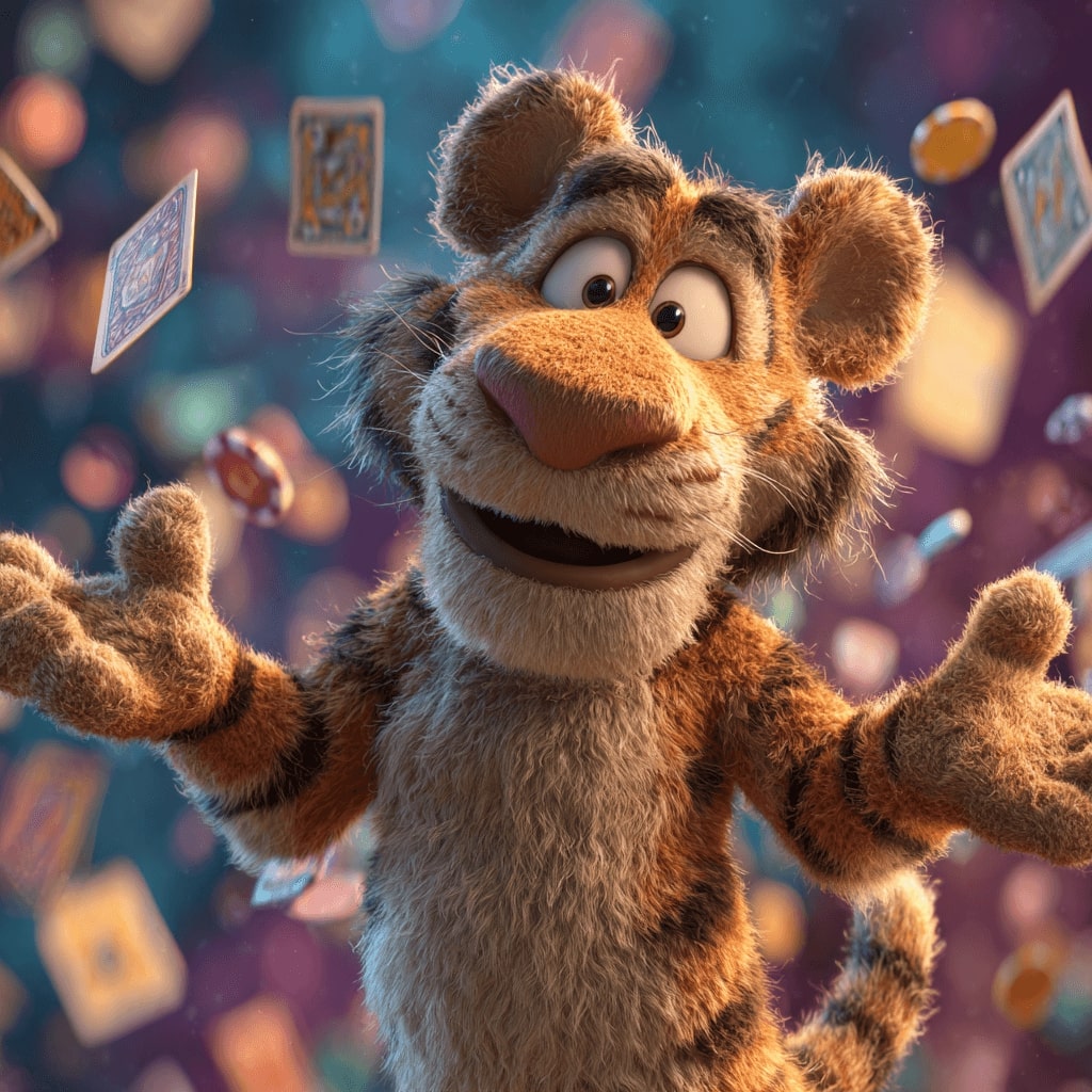 Confident tiger mascot of Superbet71 standing proudly on a pile of gold coins