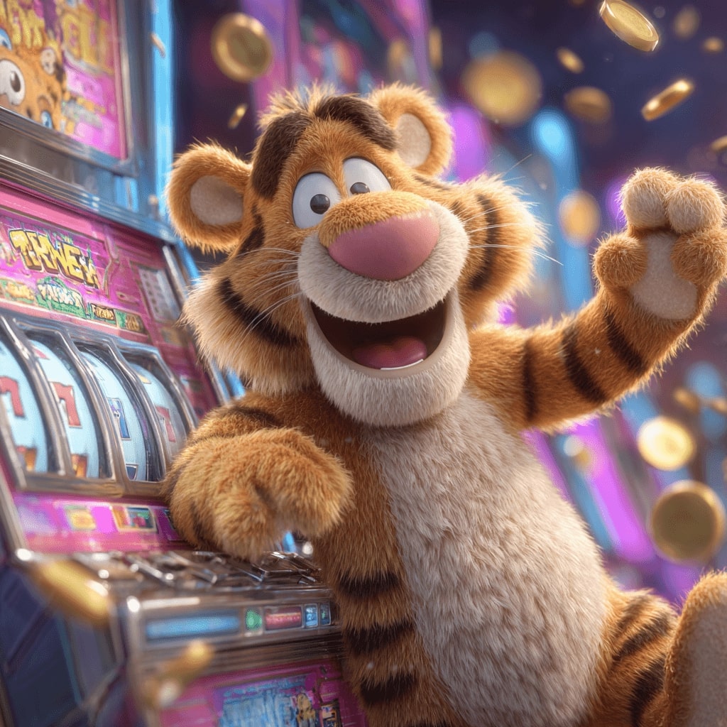 Cheerful tiger playing slot machines at Superbet71 casino with golden coins flying around